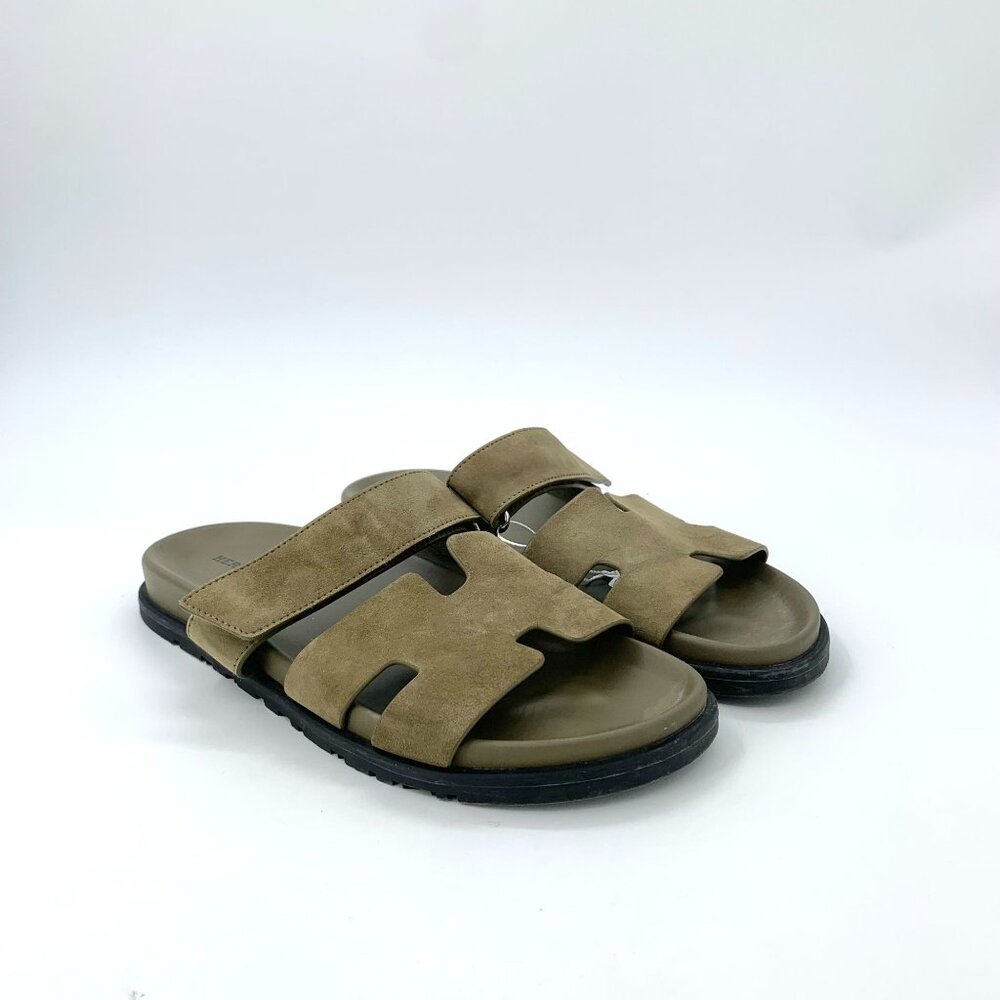 Hermès Mens Suede Leather Sandals Olive Green Slide Slip-On Footwear - Picture 2 of 8